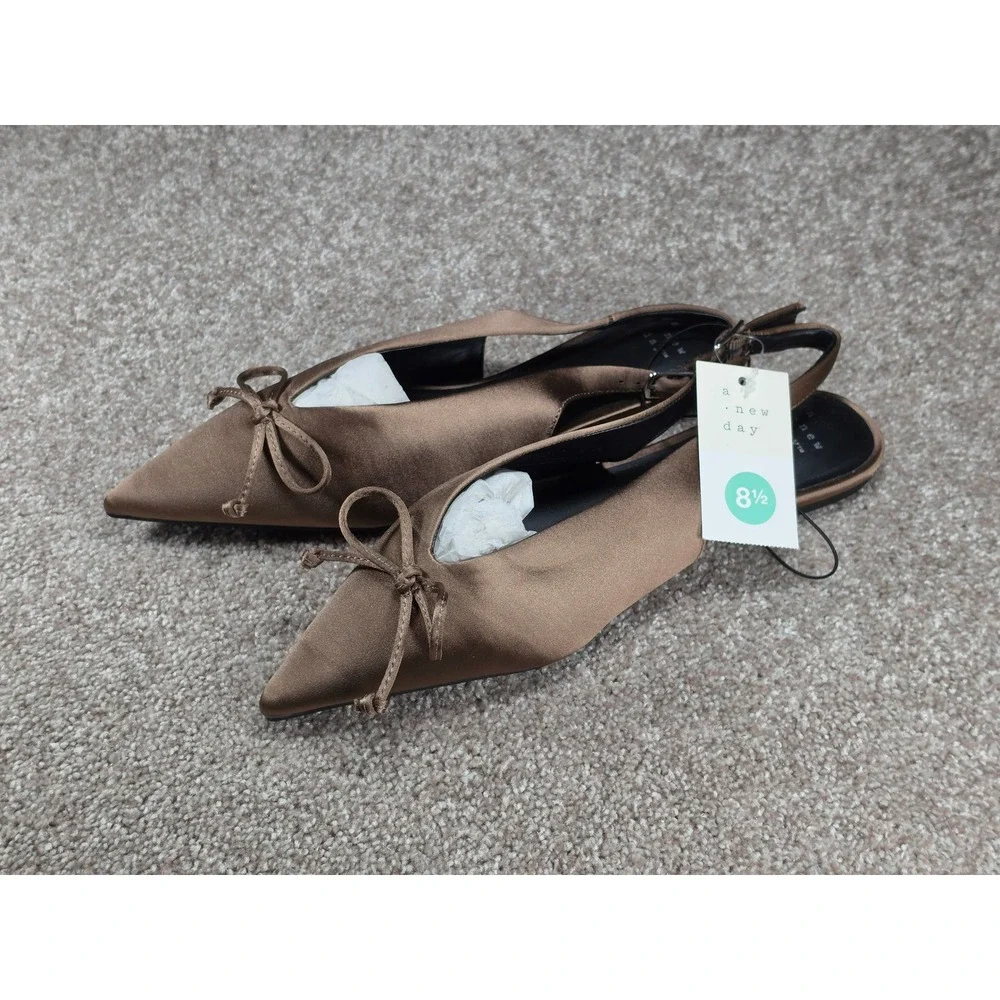 A New Day Camille Taupe Satin Pointed Toe Slingback Bow Flats Shoes 8.5 NEW